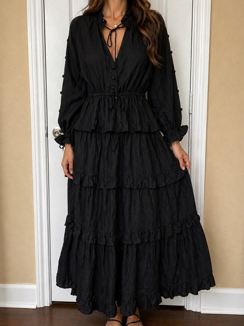 ELF Black Tiered Ruffled Maxi Dress with Long Sleeves